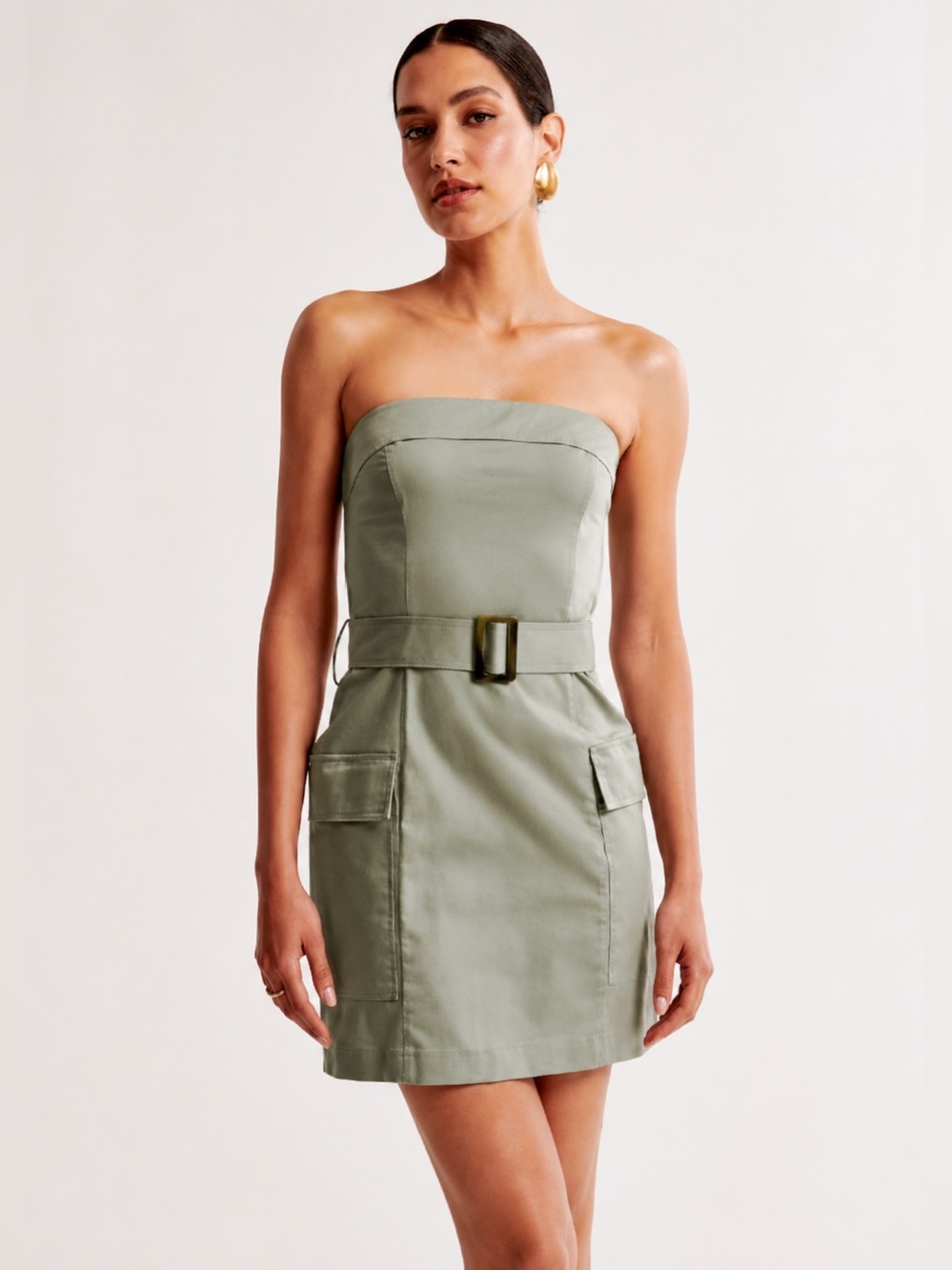 ABERCROMBIE & FITCH Sage Green Strapless Utility Mini Dress Belted Cargo Pocket